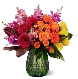 yellow calla lilies with lavender orchids orange roses and red daisies
