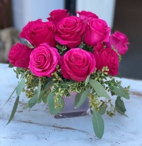 Stunning Hot Pink roses are arranged in a lavender cube vase.